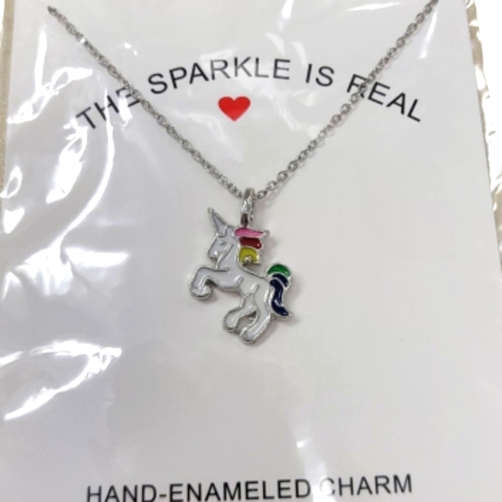 UNICORN necklace silvertone  multicolor chain and pendant